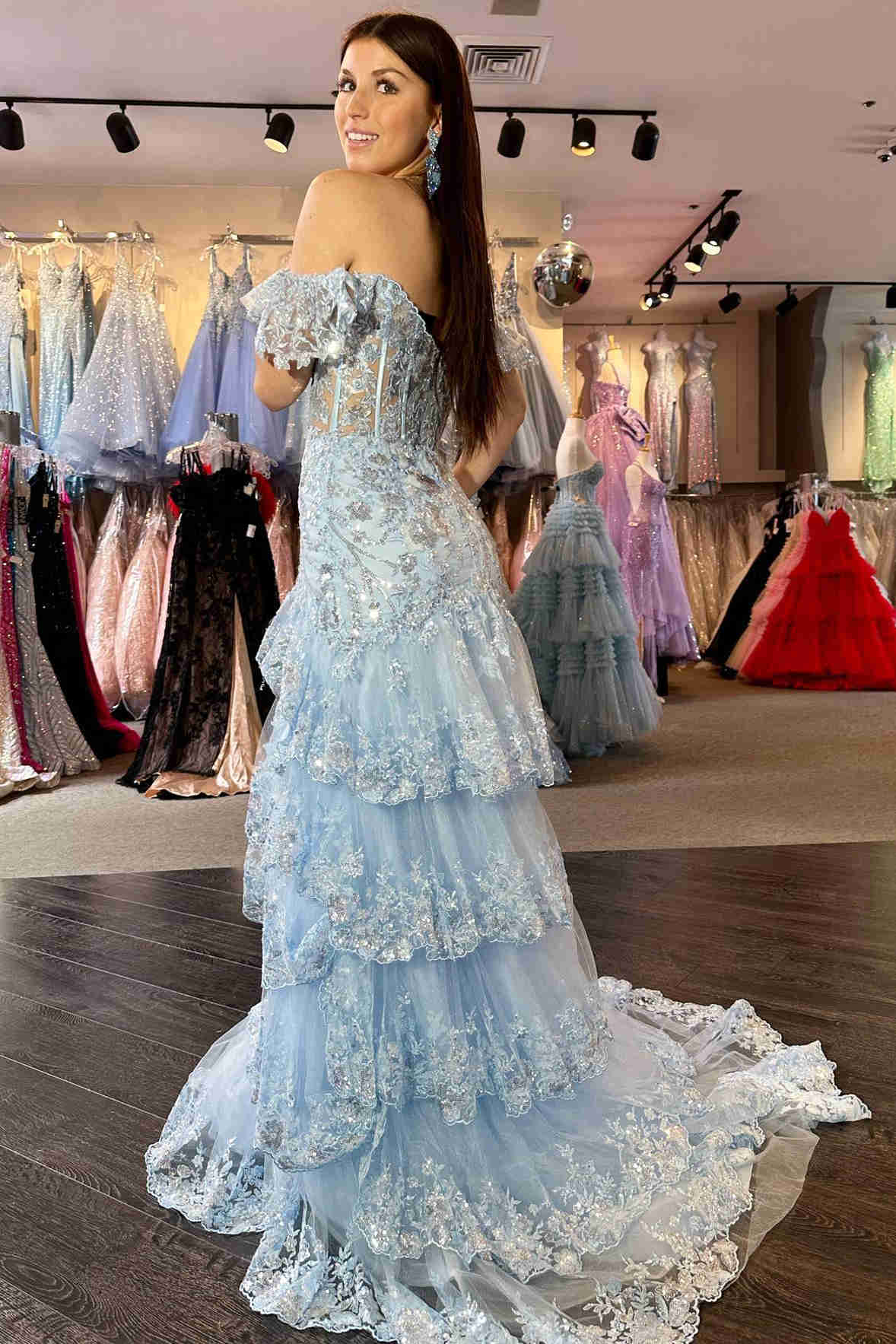 Glamorous Red Layered Ruffle Off-Shoulder Prom Dress SH151