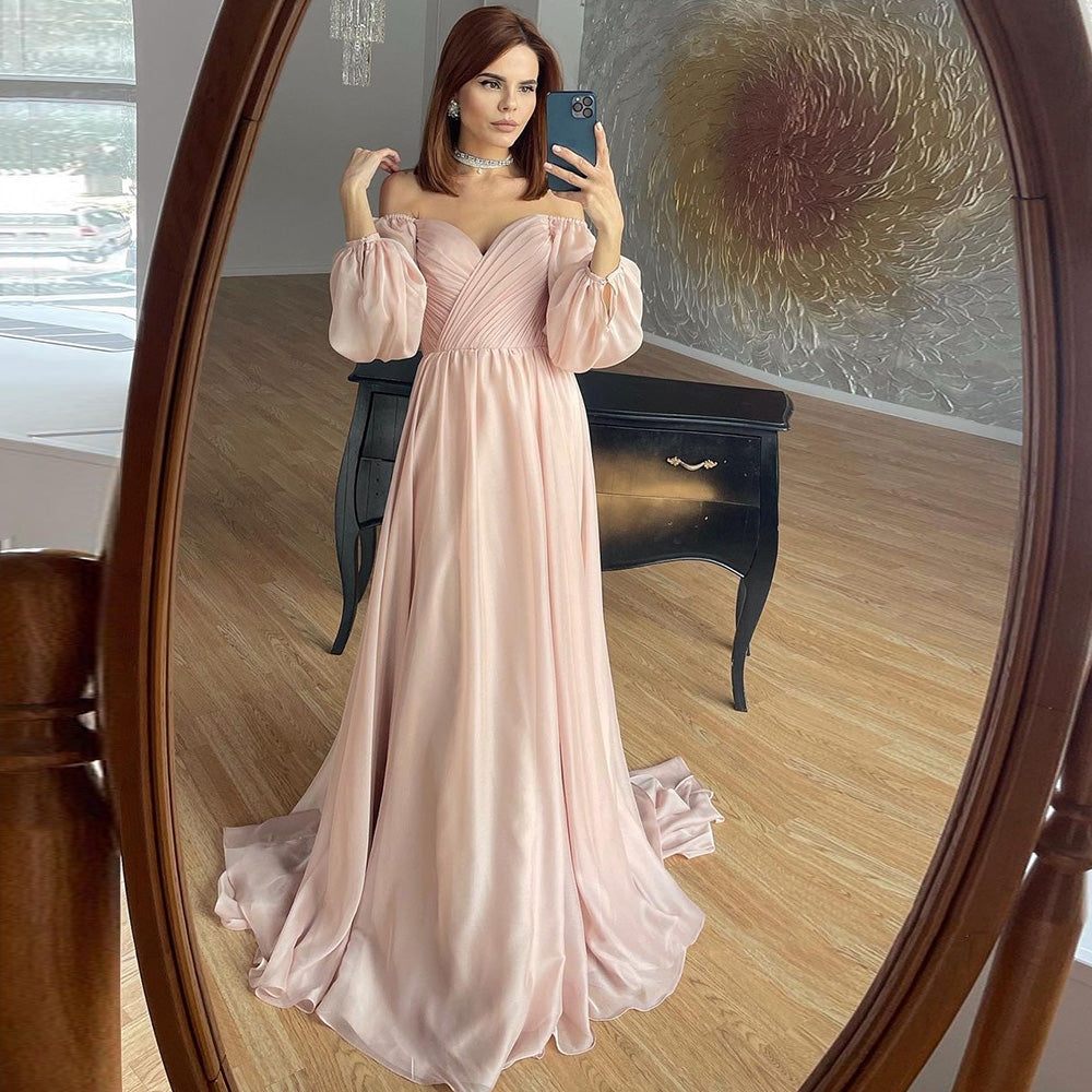 Elegant White Long Sleeves A-Line Evening Dress with Train SF360