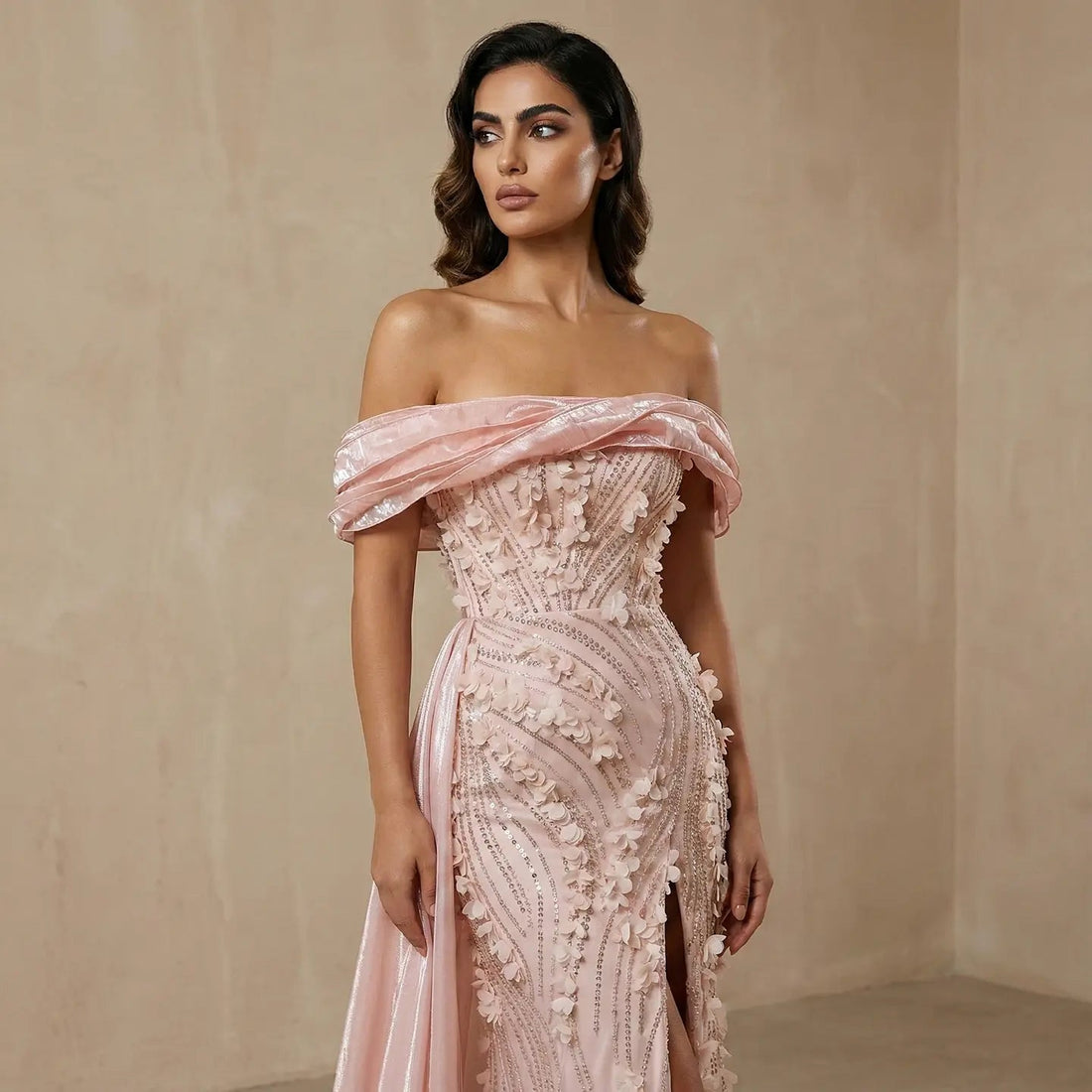 Glamorous Pink Sequin 3D Floral Off-the-Shoulder Evening Dress SS604