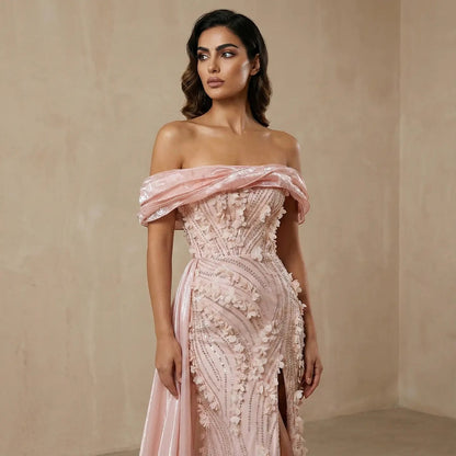 Glamorous Pink Sequin 3D Floral Off-the-Shoulder Evening Dress SS604