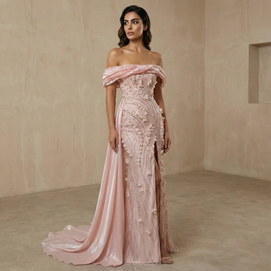 Glamorous Pink Sequin 3D Floral Off-the-Shoulder Evening Dress SS604