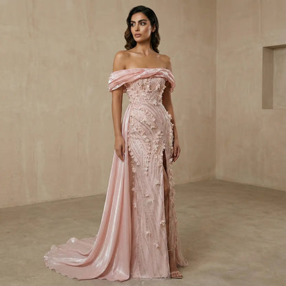 Glamorous Pink Sequin 3D Floral Off-the-Shoulder Evening Dress SS604