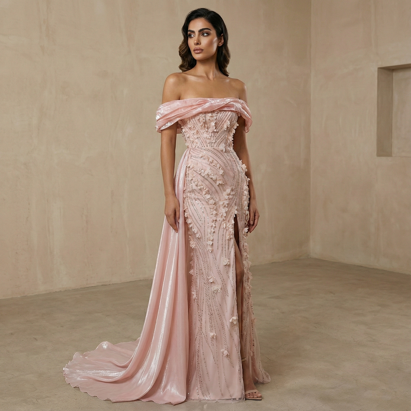 Pink Glamorous Sequin 3D Floral Off-the-Shoulder Evening Dress SS604