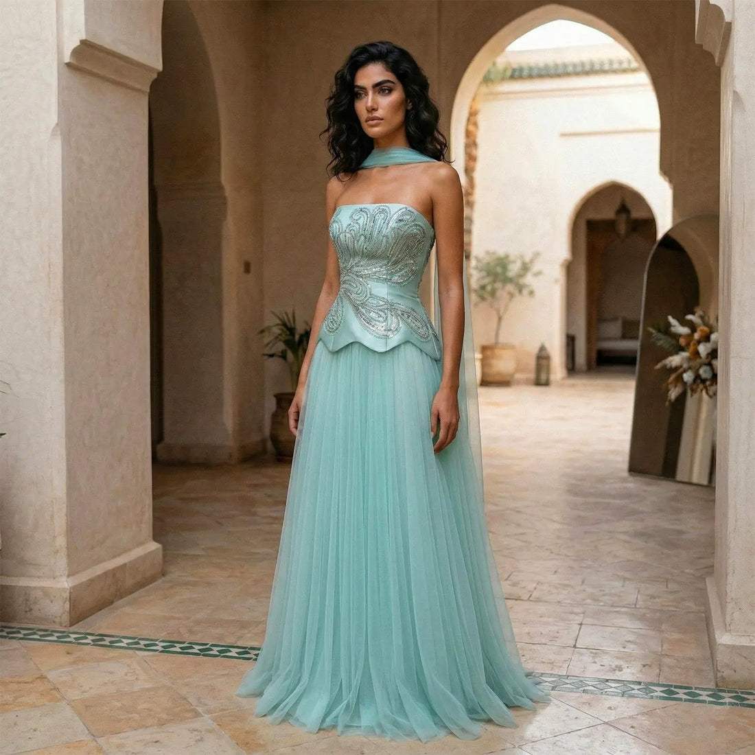 Luxury Aqua Strapless Sequin Cape A-line Evening Dress with Scarf SS413