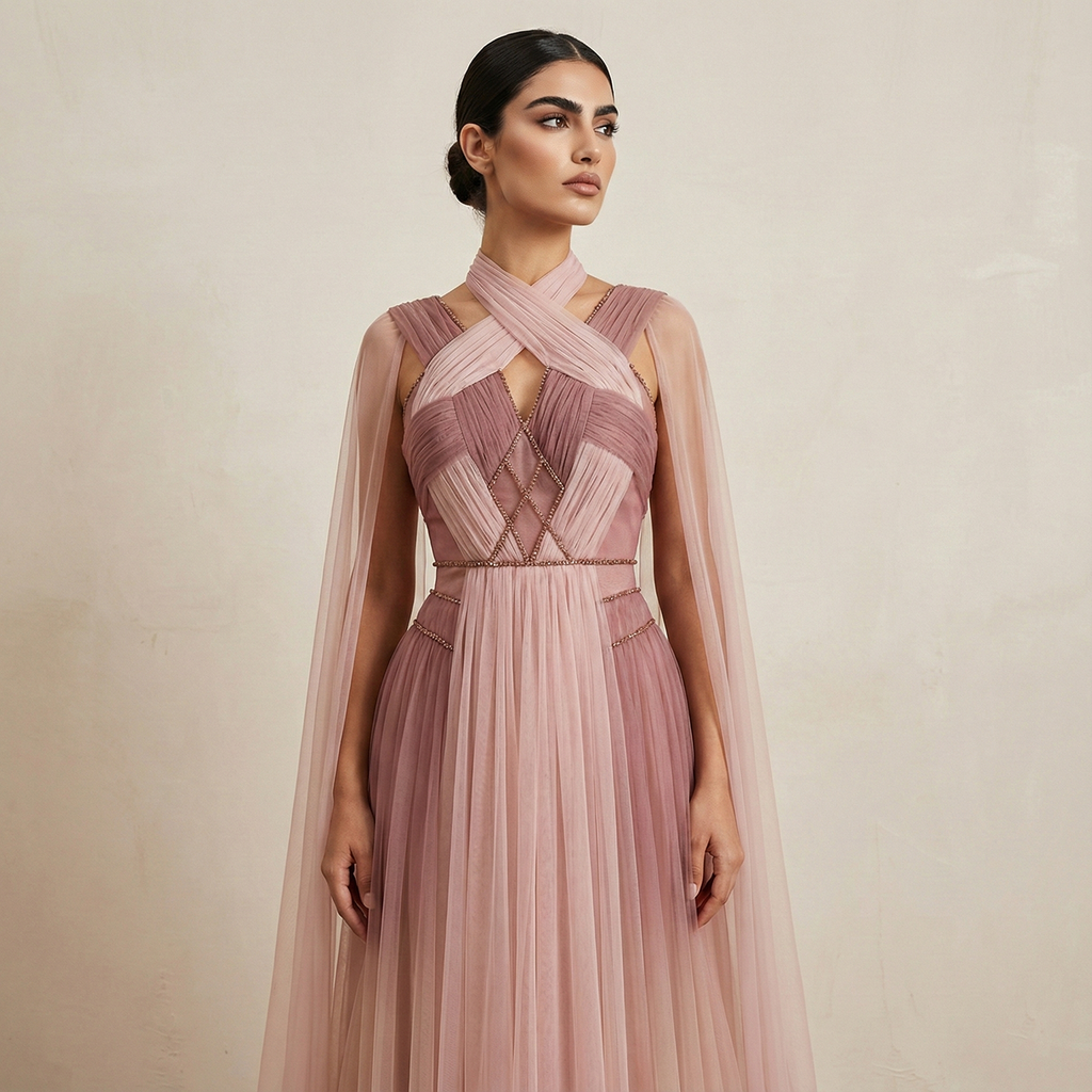 Glamorous Ombre Pink Evening Dress with Cape SS309