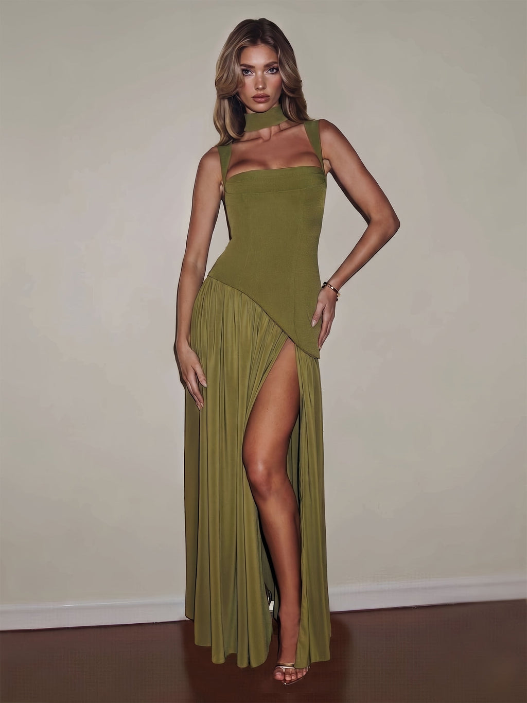 Edgy Green High Slit Chiffon Evening Dress with Scarf SF102