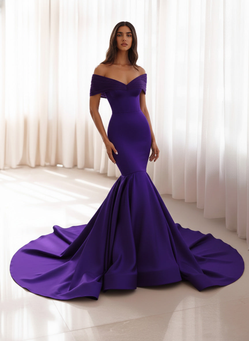 Luxury Purple Satin Mermaid Train Evening Dress SF476