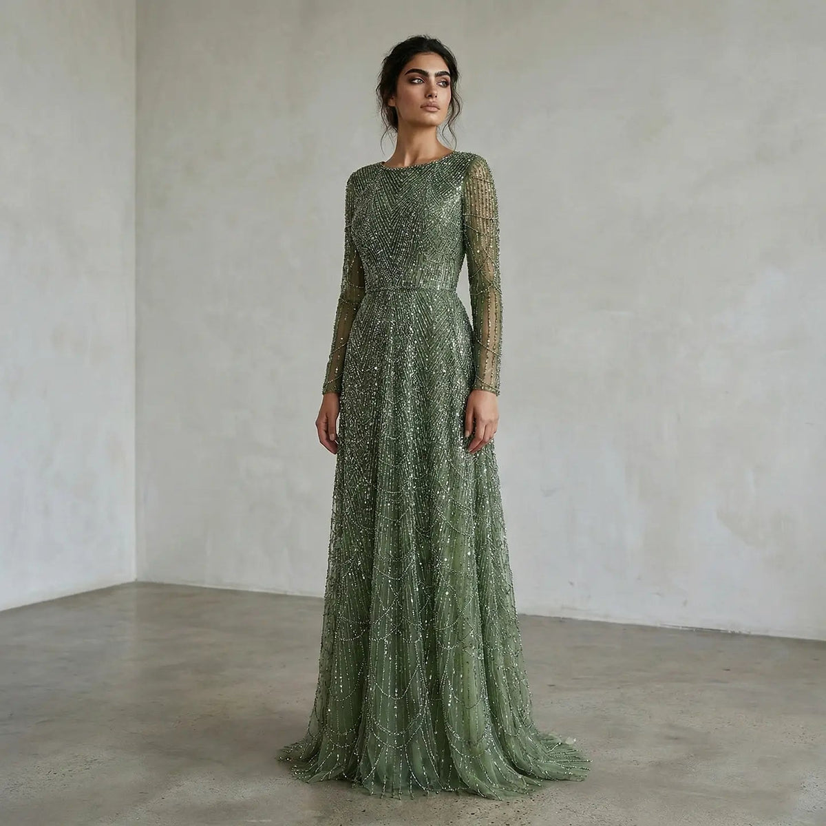 Luxury Green Sequin Beaded Shiny Long Sleeve Evening Dress SS625