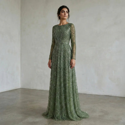 Luxury Green Sequin Beaded Shiny Long Sleeve Evening Dress SS625