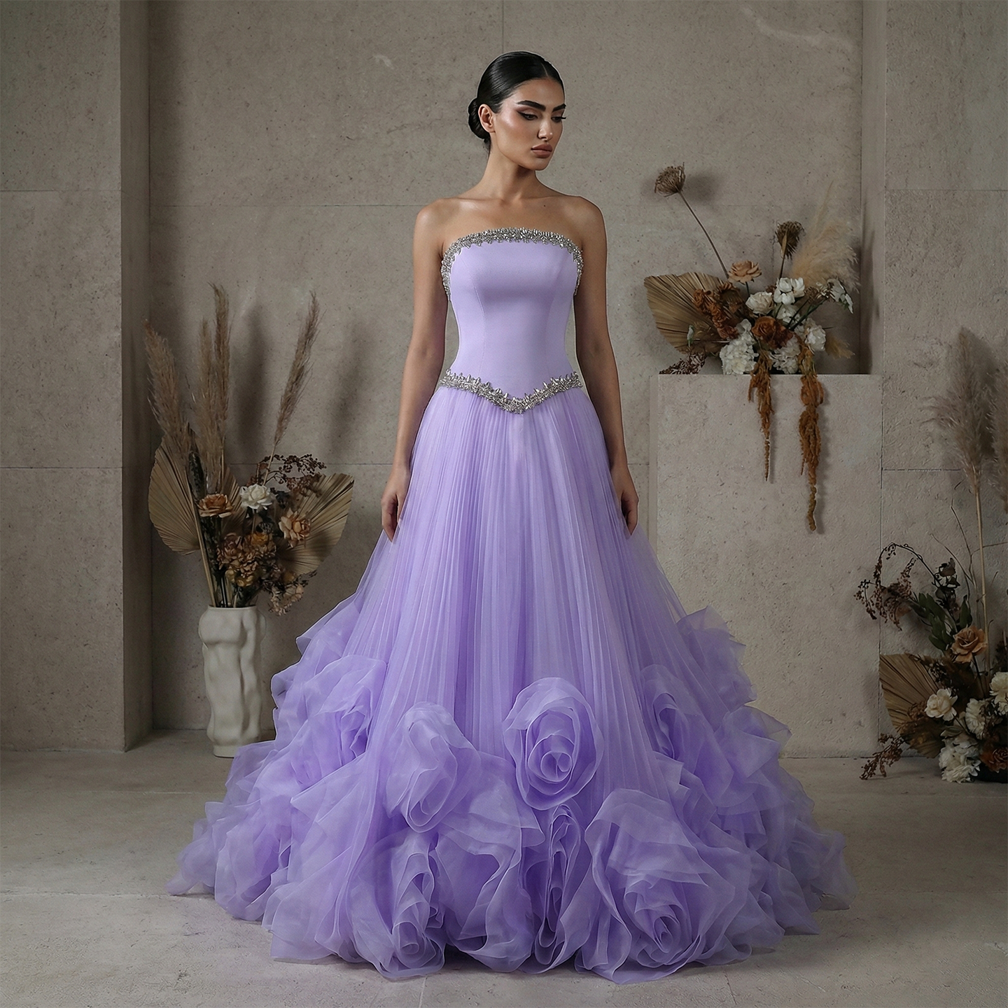 Elegant Lilac 3D Floral Strapless Tulle Evening Dress with Scarf SS310