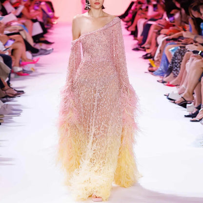 Luxury Feather One Shoulder Evening Dress with Cape Sleeves SS438