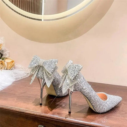Luxury Silver Crystal Bow High Heels HH002