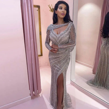 Luxury Beaded Silver Slit Mermaid Evening Dress with Cape SS035