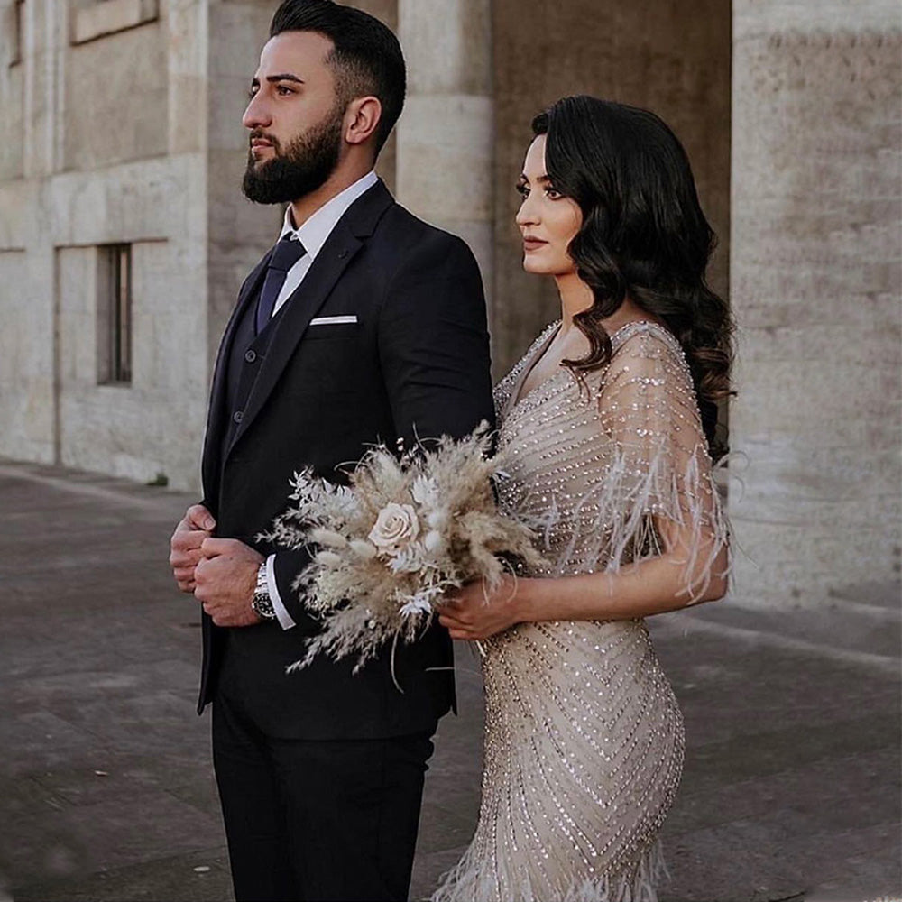 Luxury Feathers Khaki Mermaid Evening Dress with Cape Sleeves SS210