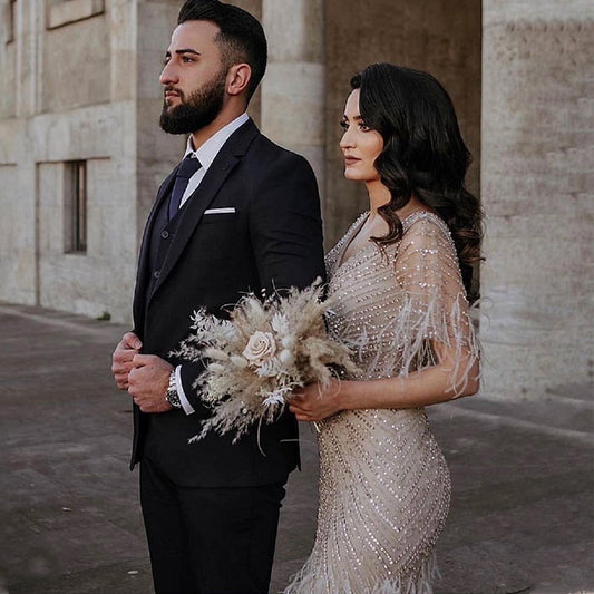 Luxury Feathers Khaki Mermaid Evening Dress with Cape Sleeves SS210