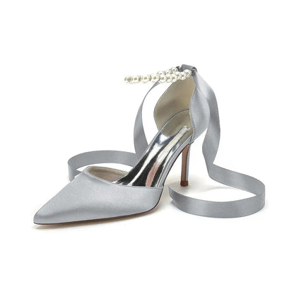 Pearl Ankle Strap Satin Stiletto High Heel with Ribbon HH029