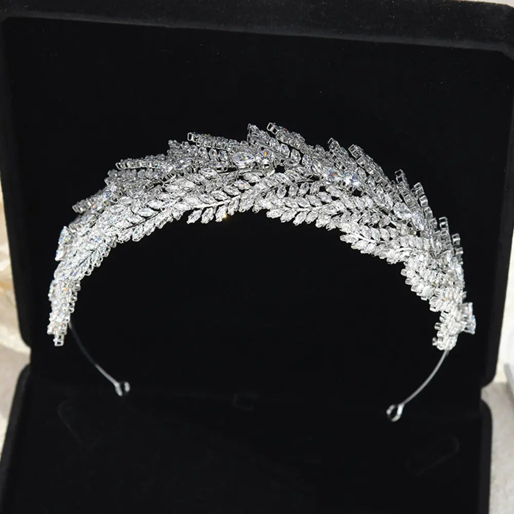 Luxurious Feather Crystal Bridal Tiara Full Rhinestone Wedding Crown for Women HP020