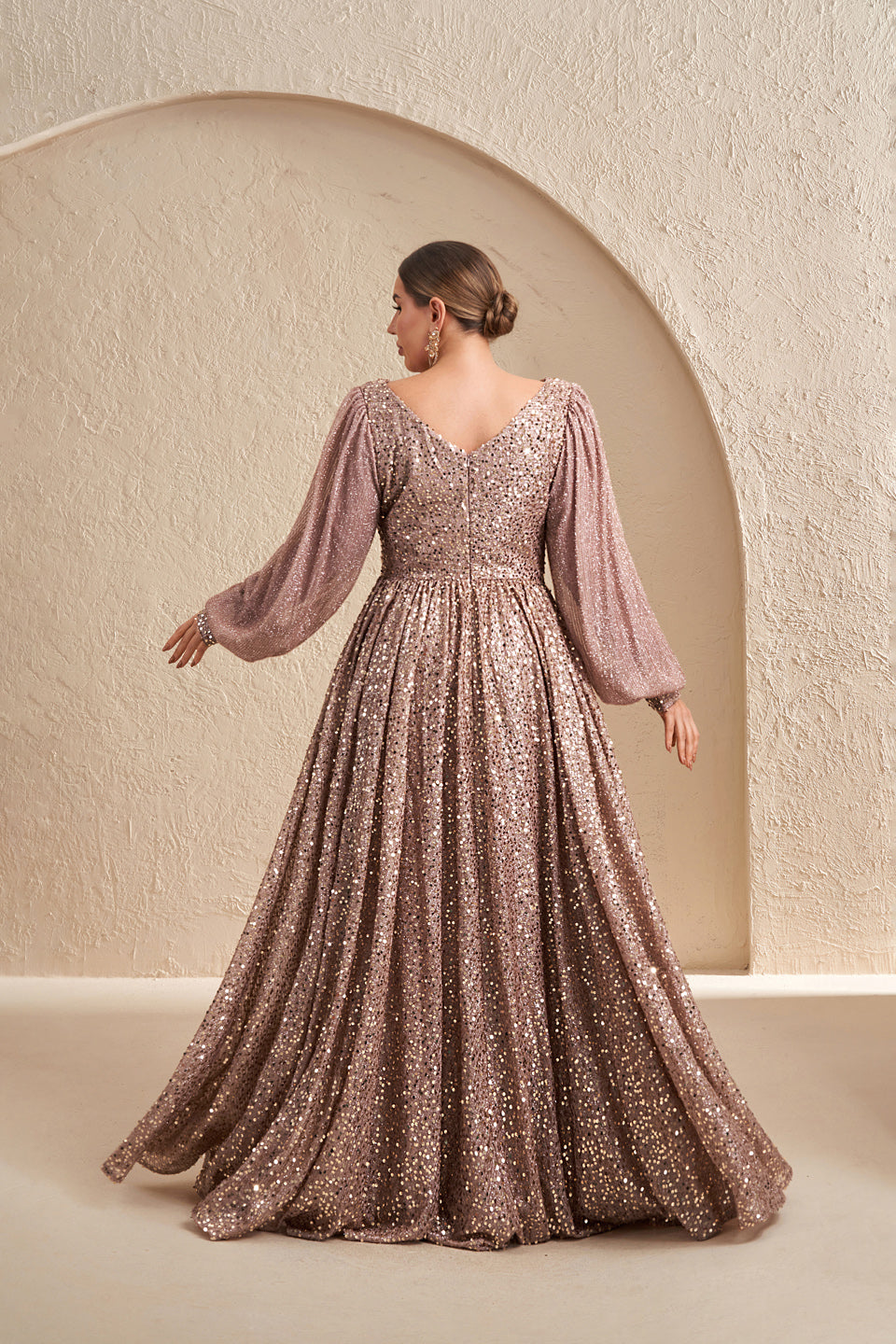 Luxury Rose Gold Sequin Puff-Sleeve Evening Dress SF605