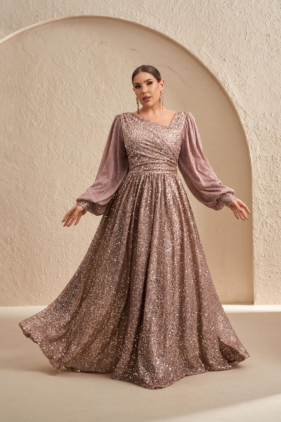Luxury Rose Gold Sequin Puff-Sleeve Evening Dress SF605