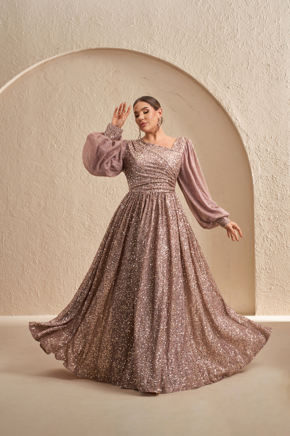 Luxury Rose Gold Sequin Puff-Sleeve Evening Dress SF605