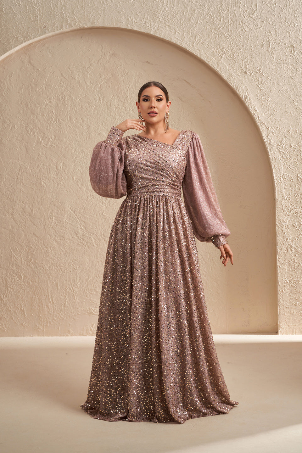 Luxury Rose Gold Sequin Puff-Sleeve Evening Dress SF605
