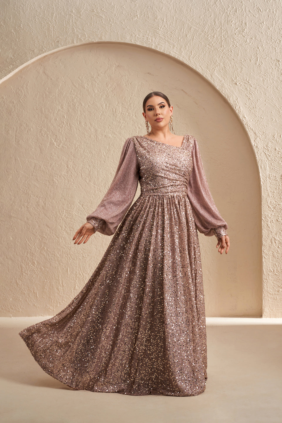 Luxury Rose Gold Sequin Puff-Sleeve Evening Dress SF605