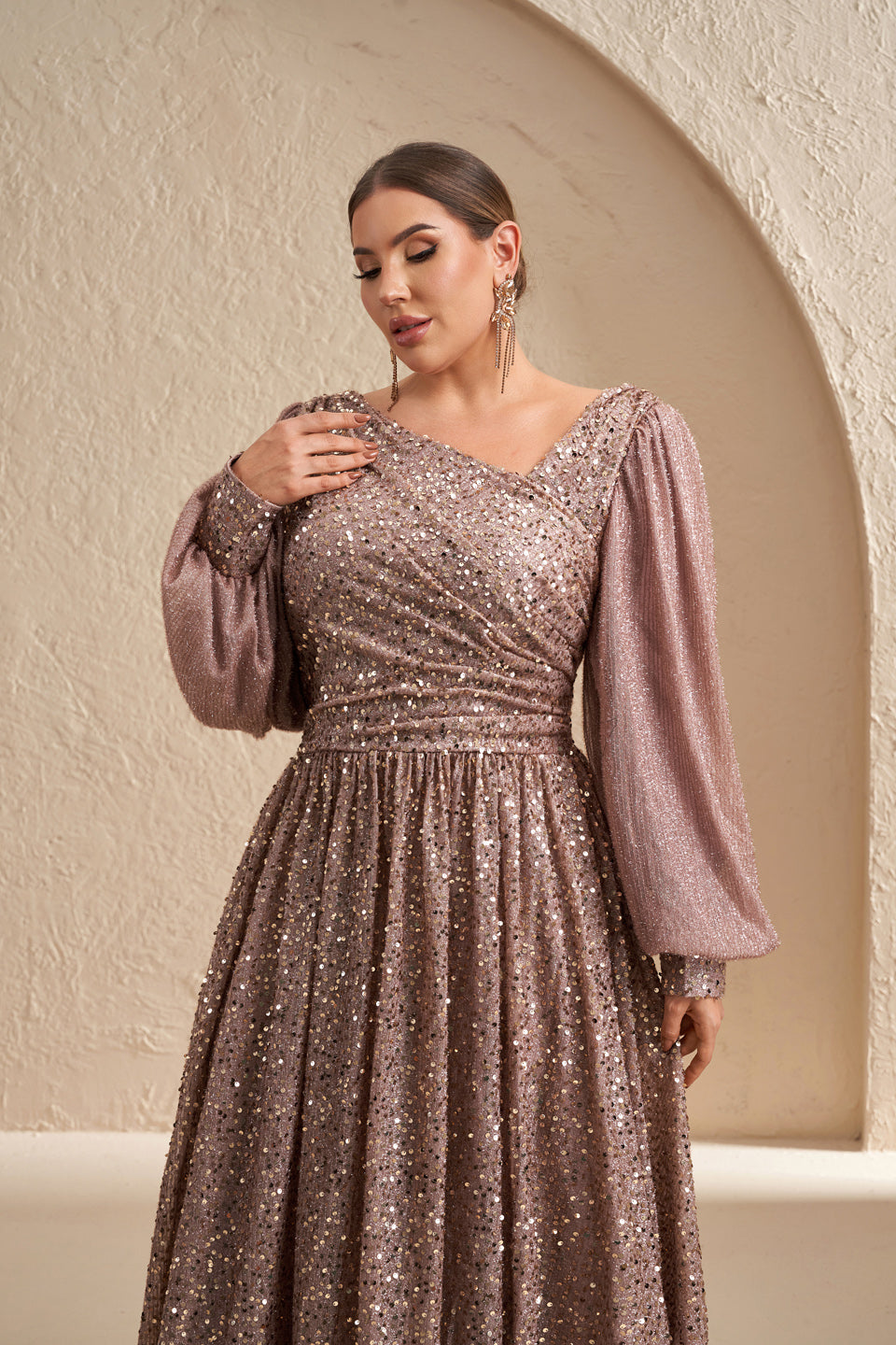 Luxury Rose Gold Sequin Puff-Sleeve Evening Dress SF605