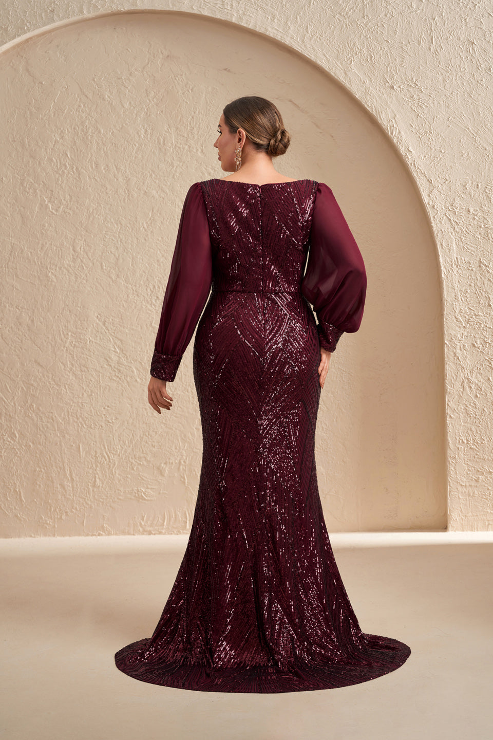 Glamorous Burgundy Sequin Long-Sleeve Evening Dress SF606