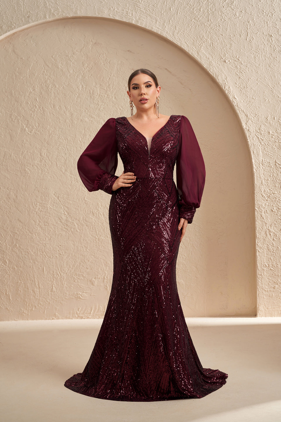 Glamorous Burgundy Sequin Long-Sleeve Evening Dress SF606