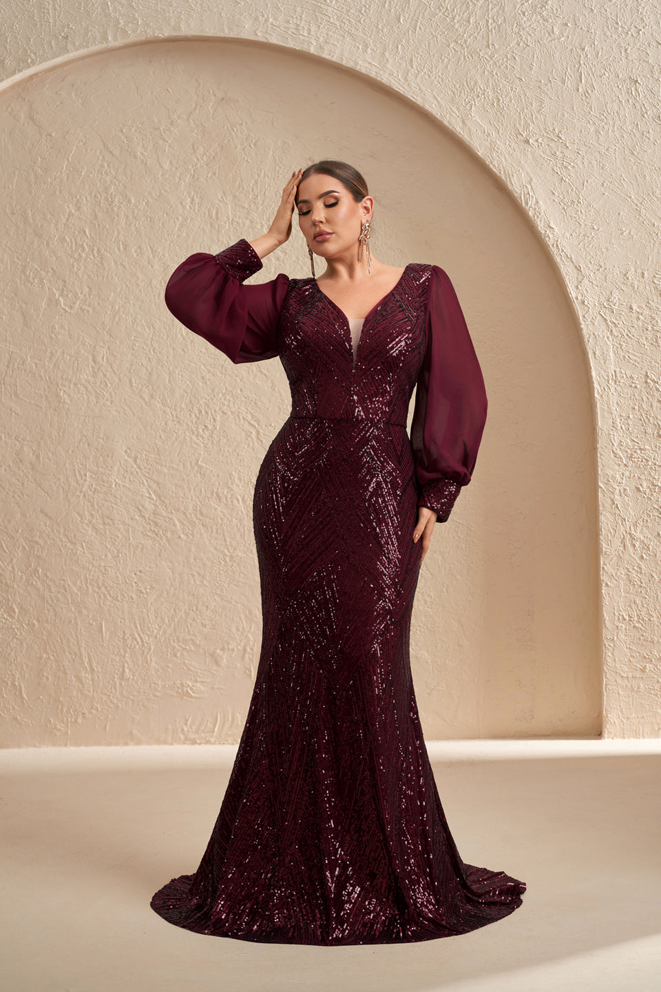 Glamorous Burgundy Sequin Long-Sleeve Evening Dress SF606