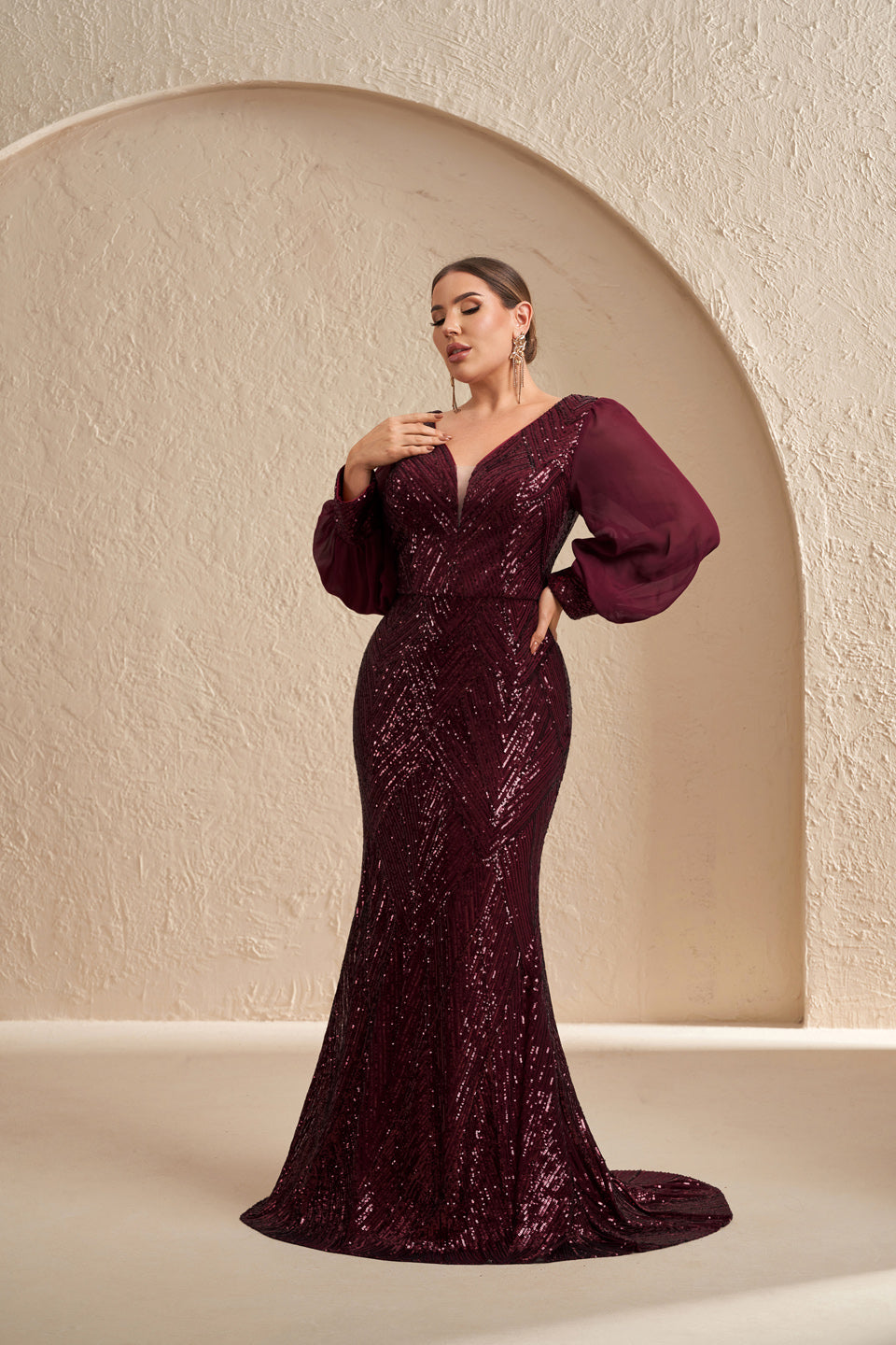 Glamorous Burgundy Sequin Long-Sleeve Evening Dress SF606