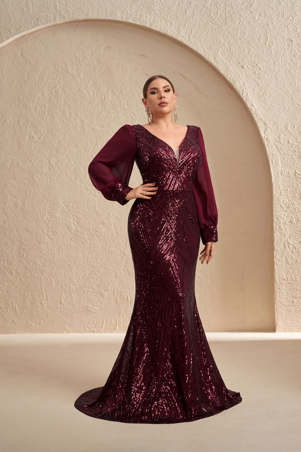 Glamorous Burgundy Sequin Long-Sleeve Evening Dress SF606
