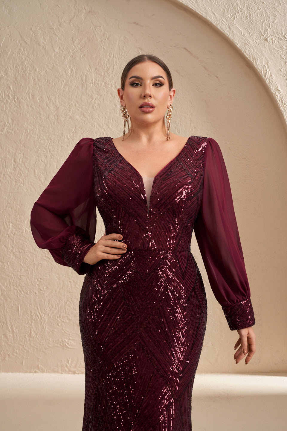 Glamorous Burgundy Sequin Long-Sleeve Evening Dress SF606