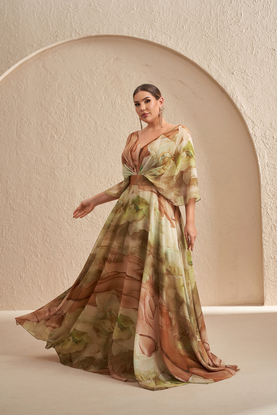 Luxury Multicolored Ruffled Evening Dress with Sheer Sleeves SF629