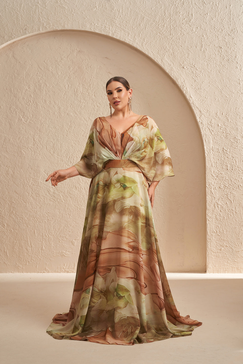 Luxury Multicolored Ruffled Evening Dress with Sheer Sleeves SF629