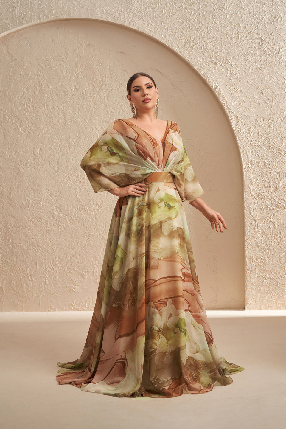Luxury Multicolored Ruffled Evening Dress with Sheer Sleeves SF629