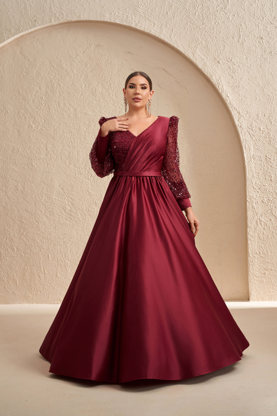 Luxury Burgundy Long-Sleeve Sequin A-Line Evening Dress SF621