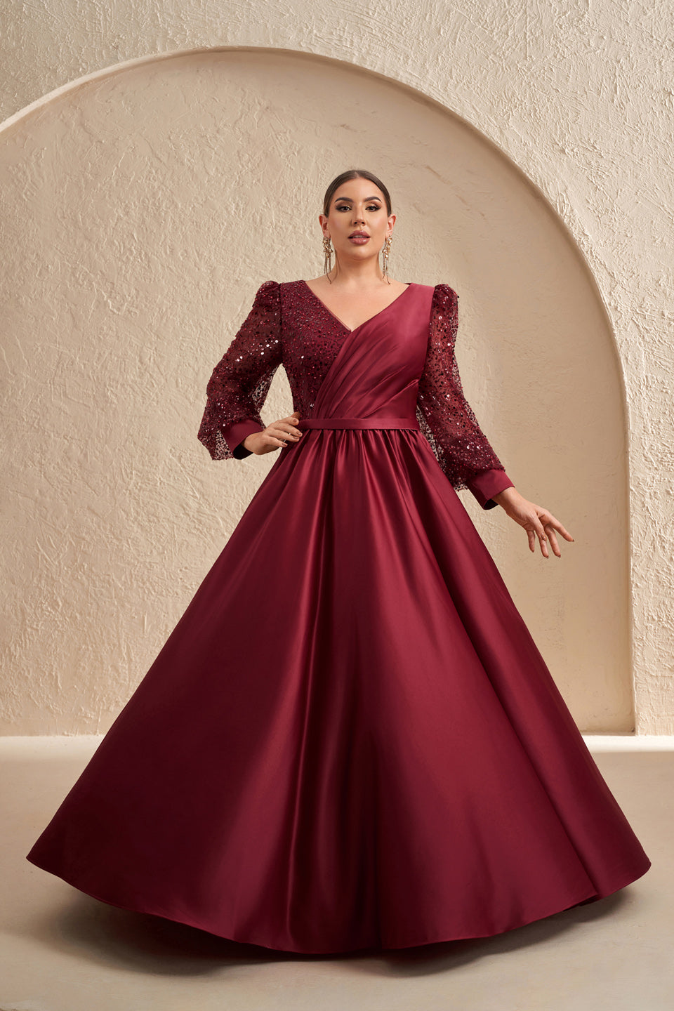 Luxury Burgundy Long-Sleeve Sequin A-Line Evening Dress SF621