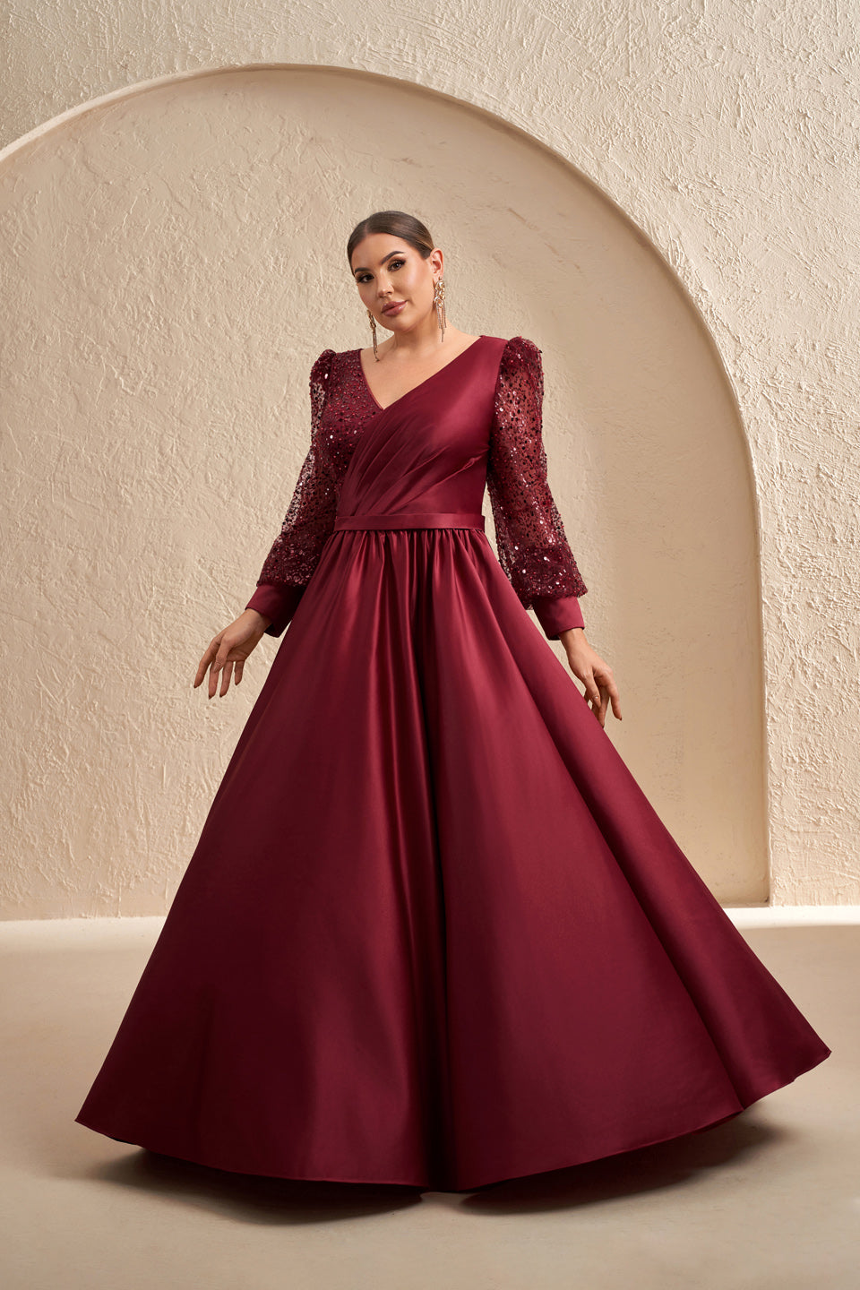 Luxury Burgundy Long-Sleeve Sequin A-Line Evening Dress SF621