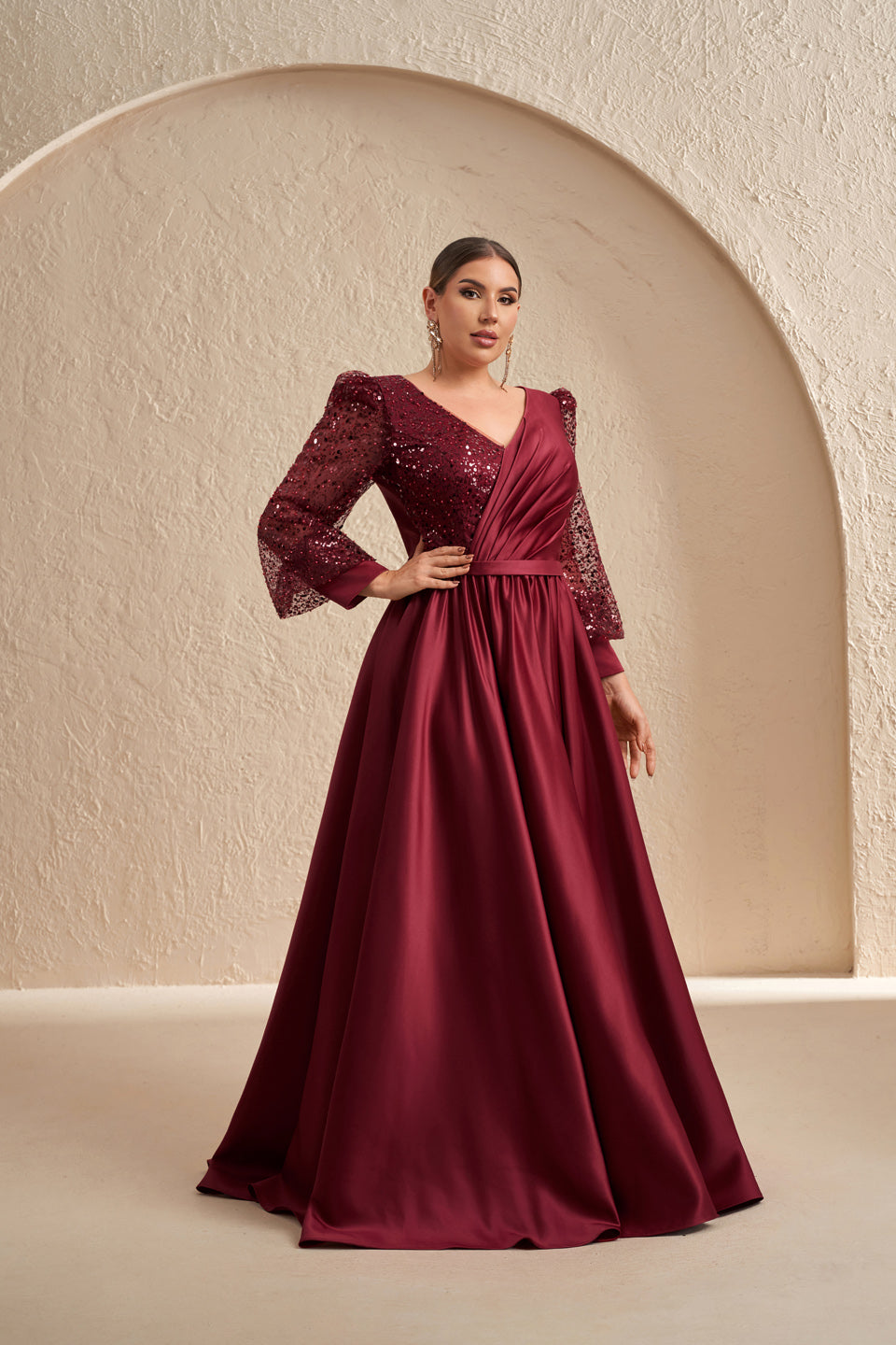 Luxury Burgundy Long-Sleeve Sequin A-Line Evening Dress SF621