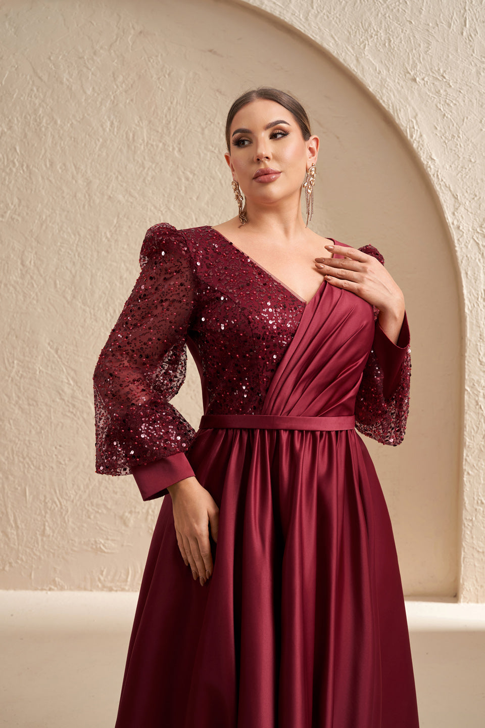Luxury Burgundy Long-Sleeve Sequin A-Line Evening Dress SF621
