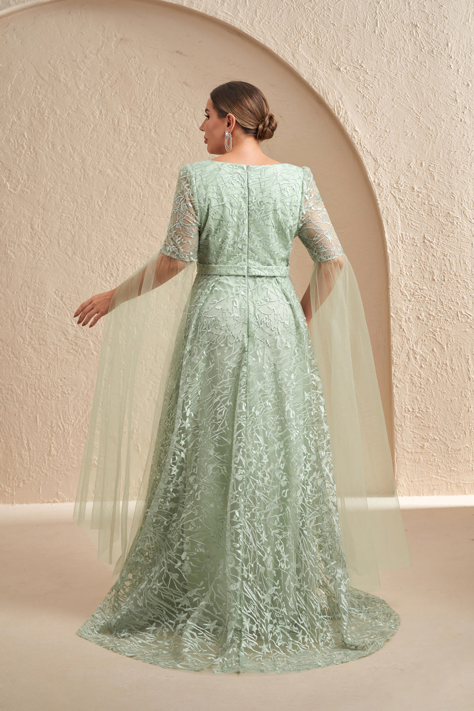 Luxury Mint Green Embroidered Prints Tulle-Sleeve Evening Dress SF619