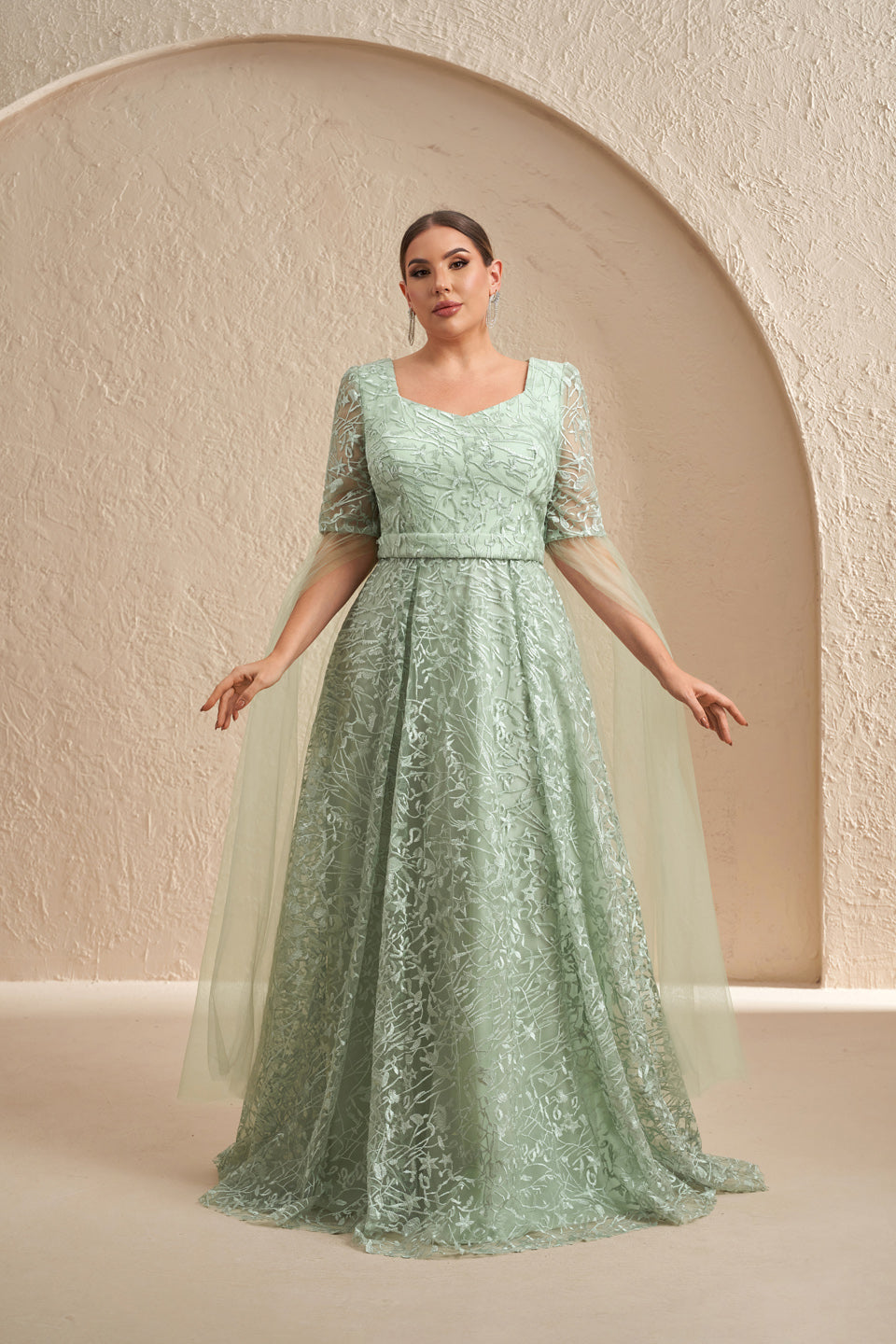 Luxury Mint Green Embroidered Prints Tulle-Sleeve Evening Dress SF619