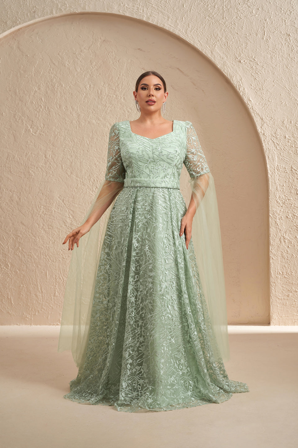 Luxury Mint Green Embroidered Prints Tulle-Sleeve Evening Dress SF619