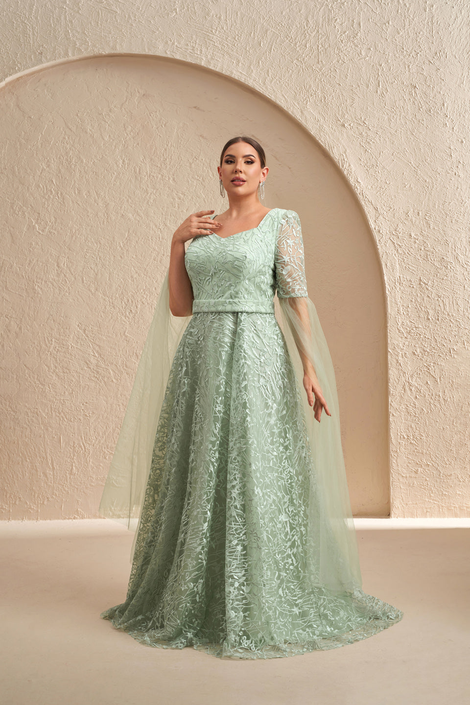 Luxury Mint Green Embroidered Prints Tulle-Sleeve Evening Dress SF619