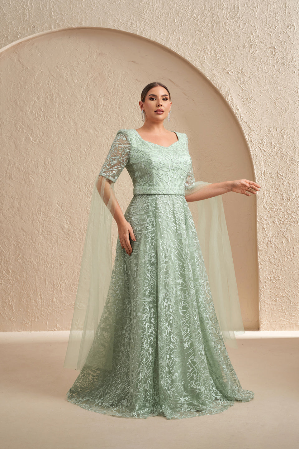 Luxury Mint Green Embroidered Prints Tulle-Sleeve Evening Dress SF619