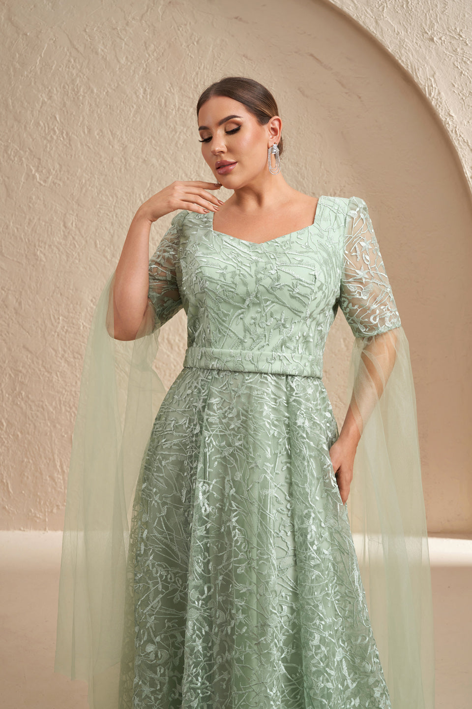 Luxury Mint Green Embroidered Prints Tulle-Sleeve Evening Dress SF619