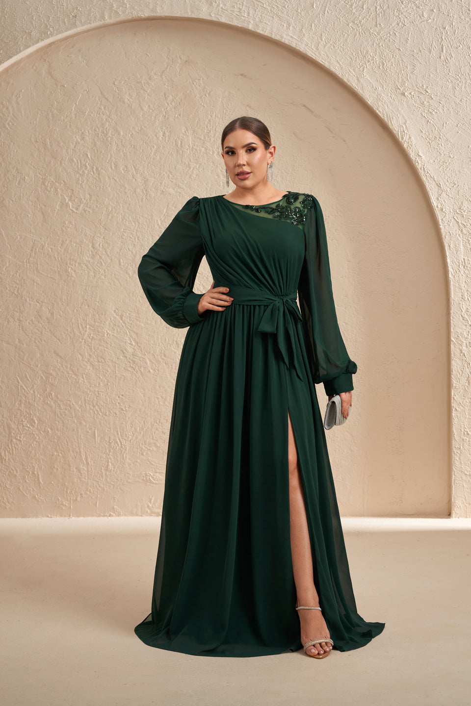 Luxury Emerald Green Sequin Evening Dress with Bow SF607