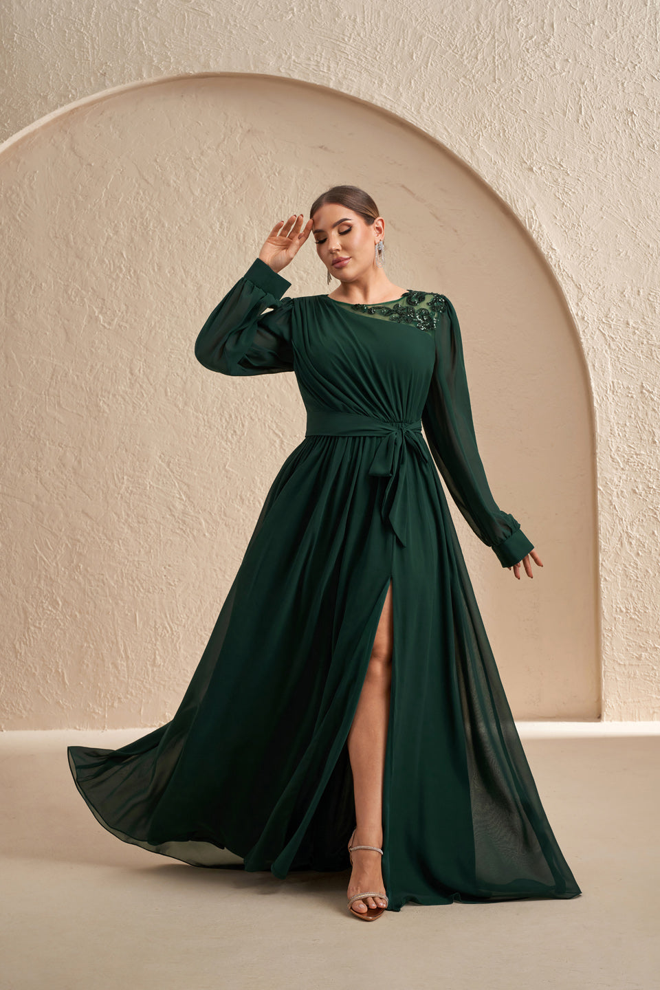 Luxury Emerald Green Sequin Evening Dress with Bow SF607