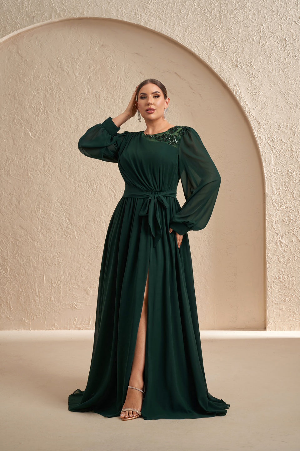 Luxury Emerald Green Sequin Evening Dress with Bow SF607